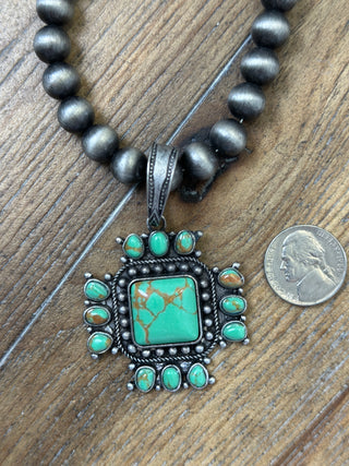 Turquoise Cross Drop Necklace with Navajo Pearl Design