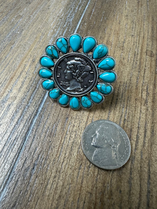 Turquoise Liberty Coin Ring with Teardrop Stone Surround Adjustable Silver