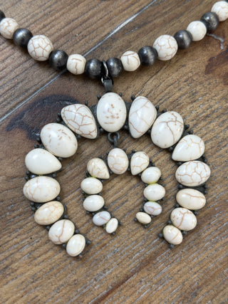 Off-White Turquoise Beaded Squash Blossom Necklace with Navajo Pearls
