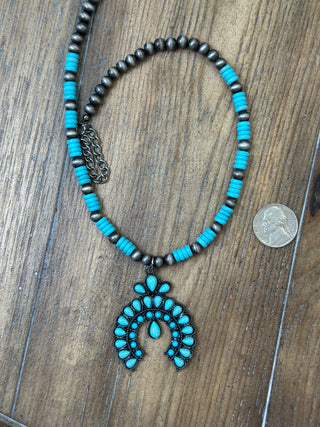 Mini Squash Blossom Conch Drop Necklace with Navajo Pearls