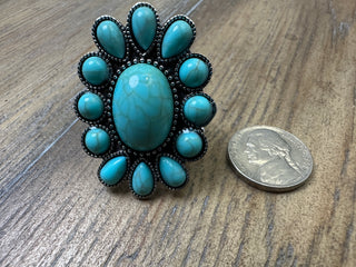 Turquoise Oval Center Stone Ring with Teardrop Cabochons Adjustable Beaded Band