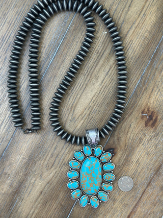 Chunky Turquoise Conch Pendant Necklace | Navajo Disc Pearl | Blue Green Texas