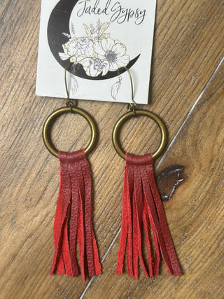 Jaded Gypsy Leather Fringe Disc Hoop Earrings