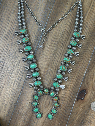 Chunky Turquoise Horseshoe Squash Blossom Drop Necklace in Mixed Metals