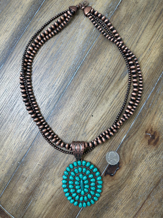 Turquoise Triple Ring Stone Cluster Pendant Necklace with Navajo Pearls