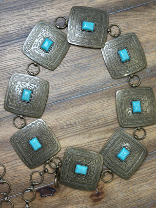 Turquoise Rectangular Etched Plate Conch Belt Adjustable Western Statement Belt
