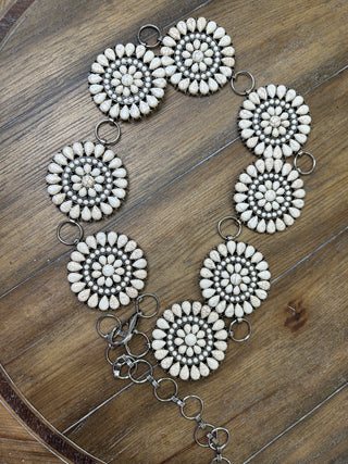 White Stone Circular Medallion Conch Belt Adjustable Western Statement Belt