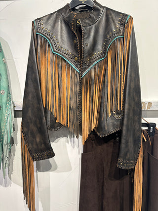Scully Lambskin Leather Fringe Jacket with Turquoise Trim
