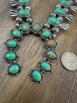 Chunky Turquoise Horseshoe Squash Blossom Drop Necklace in Mixed Metals