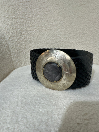 Black Braided woven silver abalone round buckle belt