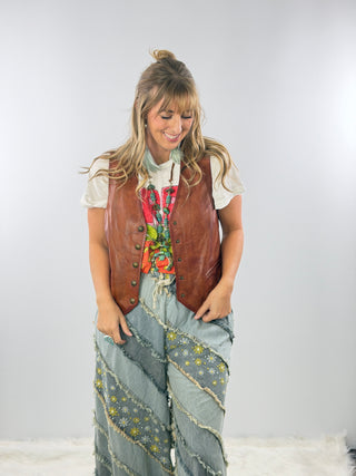 Scully Lambskin Leather Snap Front Vest in Cognac