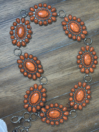 Coral Jasper Conch Belt with Oval Center Stone and Teardrop Surround