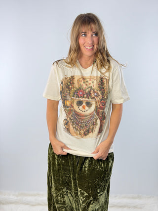 Snowman in Red and Green Top Hat Jeweled Graphic Tee
