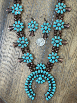 Beaded Squash Blossom Necklace and Earrings Set with Navajo Pearls