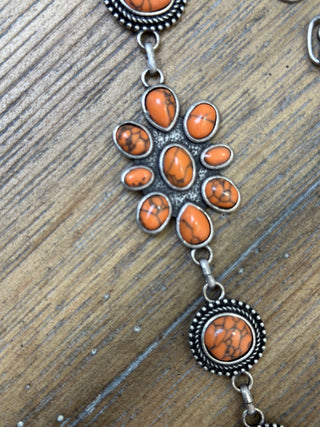 Mixed Metal Squash Blossom Diamond Medallion Necklace | Blue Turquoise Orange Jasper