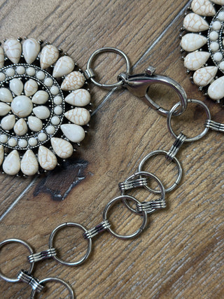 White Stone Circular Medallion Conch Belt Adjustable Western Statement Belt