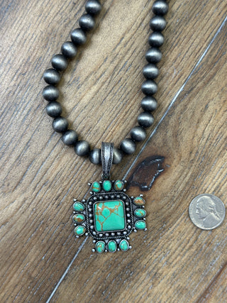 Turquoise Cross Drop Necklace with Navajo Pearl Design