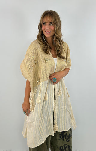 Boho Crochet Contrast Sequin Tassel Midi Kimono Fit Cardigan - Natural