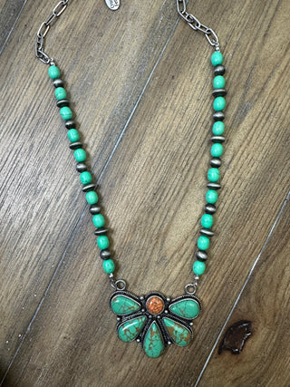 Beaded Turquoise Half Flower Necklace