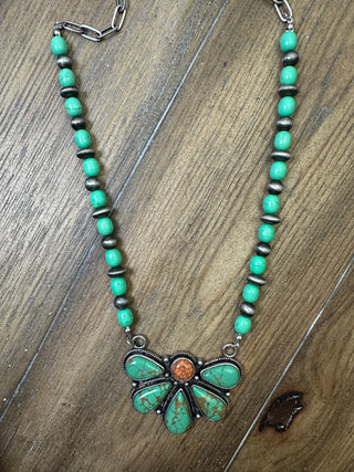 Beaded Turquoise Half Flower Necklace