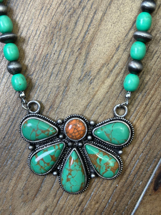 Beaded Turquoise Half Flower Necklace