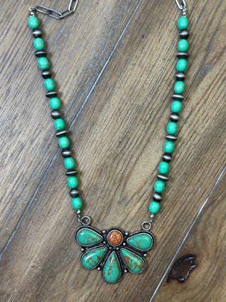 Beaded Turquoise Half Flower Necklace