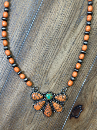 Beaded Turquoise Half Flower Necklace