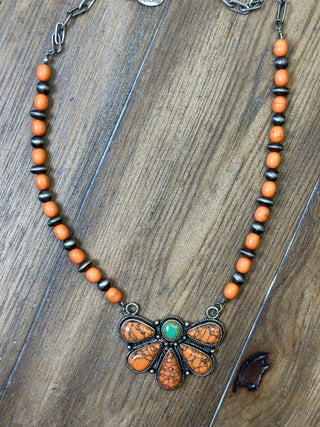 Beaded Turquoise Half Flower Necklace