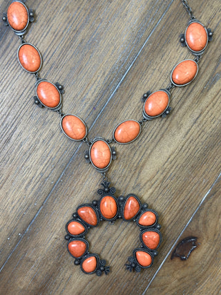 Coral Cabochon Squash Blossom Necklace