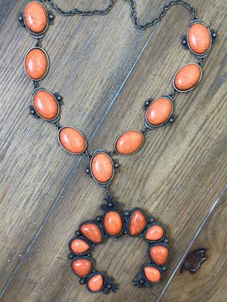 Coral Cabochon Squash Blossom Necklace