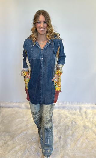 Oversized Denim hooded button-down top with boho patchwork sides, V neckline with ties and side pockets