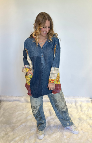 Oversized Denim hooded button-down top with boho patchwork sides, V neckline with ties and side pockets