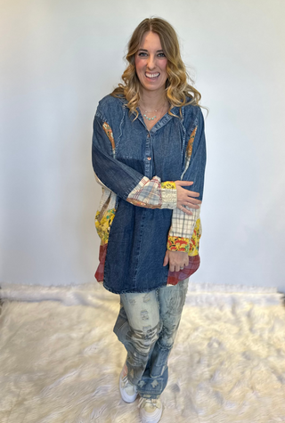 Oversized Denim hooded button-down top with boho patchwork sides, V neckline with ties and side pockets