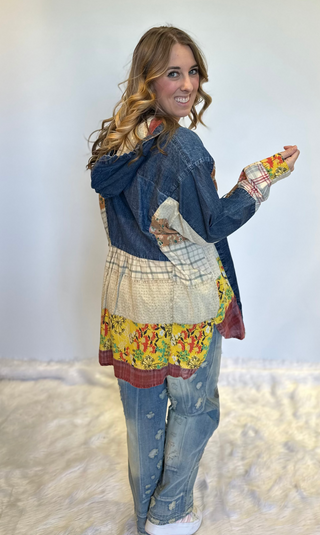 Oversized Denim hooded button-down top with boho patchwork sides, V neckline with ties and side pockets