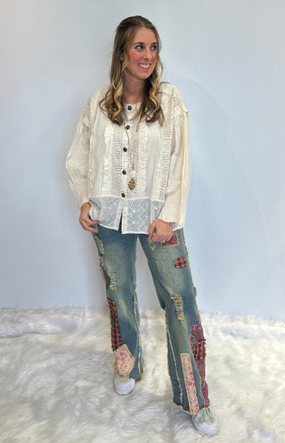 Boho Cotton Eyelet Blouse – Ruffle Trim Front-Open Shirt