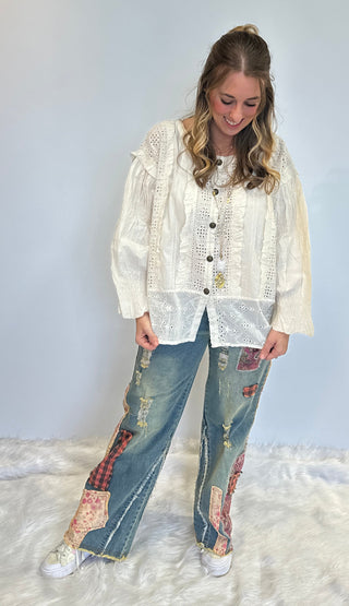 Boho Cotton Eyelet Blouse – Ruffle Trim Front-Open Shirt