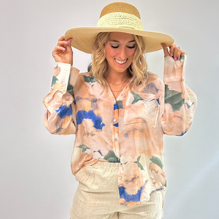 Watercolor bloom button front blouse in muted pastel colors 