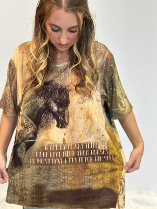 Cream vintage equestrian boho tunic with horse graphic, inspirational quote, oversized fit, and soft stretch cotton fabric.