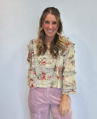 Vintage floral boho ruffle cotton blouse in cream and natural with layered ruffle detailing, relaxed silhouette, and breathable 100% cotton fabric