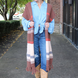 Hope of it All long sweater cap sleeve cardigan in brown cream navy blue and red. Hooded