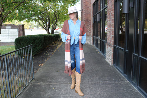 Hope of it All long sweater cap sleeve cardigan in brown cream navy blue and red. Hooded