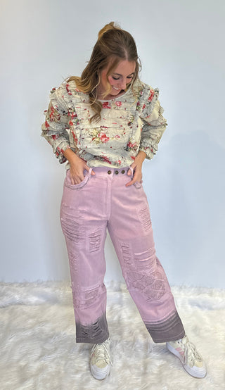 Lilac Denim Pants with Brown Shade Spray and Lace Accent