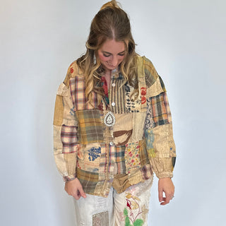 One-of-a-kind Kantha patchwork boho top made from upcycled vintage cotton blankets with lace trim, breathable fabric, and relaxed flowy silhouette.