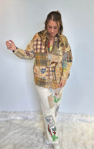 One-of-a-kind Kantha patchwork boho top made from upcycled vintage cotton blankets with lace trim, breathable fabric, and relaxed flowy silhouette.