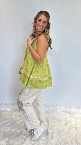 Lime Green Boho Eyelet Lace Sleeveless Top – Handcrafted Cotton Ruffle Cami