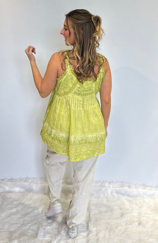 Lime Green Boho Eyelet Lace Sleeveless Top – Handcrafted Cotton Ruffle Cami