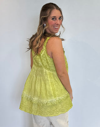 Lime Green Boho Eyelet Lace Sleeveless Top – Handcrafted Cotton Ruffle Cami