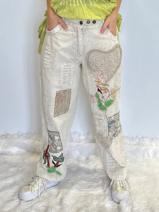 Boho Lace heart patchwork trousers in vintage cream with wide leg silhouette, elastic waistband, adjustable buttons, and breathable handcrafted design