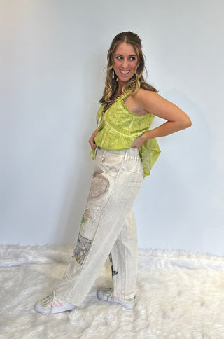 Boho Lace heart patchwork trousers in vintage cream with wide leg silhouette, elastic waistband, adjustable buttons, and breathable handcrafted design