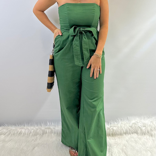 Emerald Green Strapless jumpsuit with pockets and large front tie sash, Hollywood glam